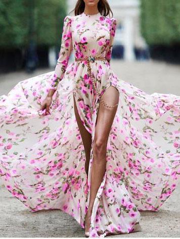 Pretty Bohemia Long-sleeve Split-Side Floral Maxi Dress