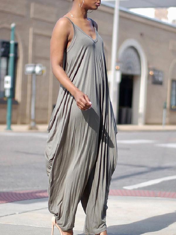 Loose Gray Sleeveless Ruffled Jumpsuits