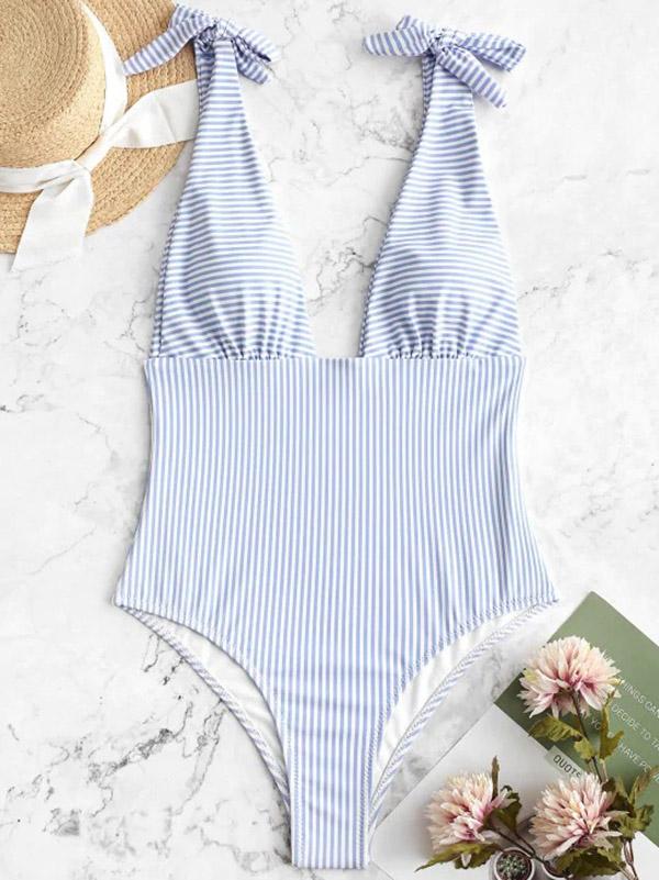 Sexy Deep V-Neck Triangles Stripes One-Piece Swimwear