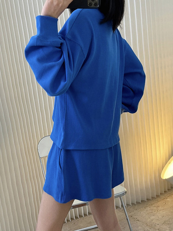 Casual Solid Color Sweatshirts& Drawstring Wide Leg Shorts Suits