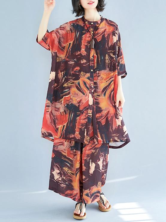 Chiffon Colorful Striped Print Stand Collar Long Blouse+Pants Suits