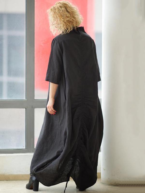 High-neck Asymmetric Drawstring Design Maxi Dress