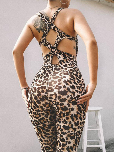 Sports Leopard Print Cross Strappy Jumpsuits