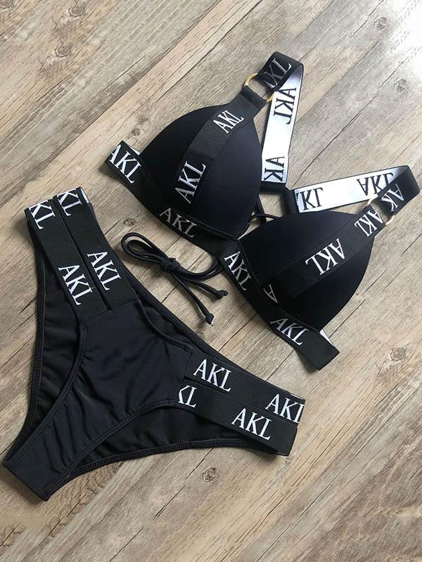 Letter Print Gathered Bikini Swimsuit