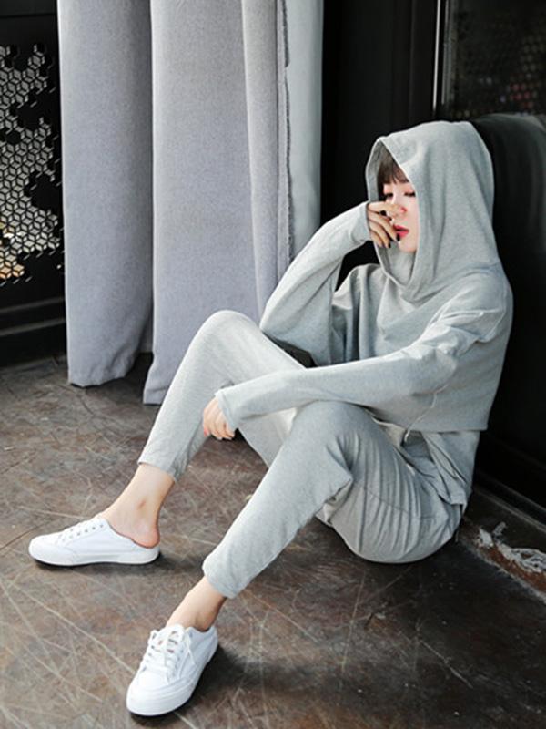 Light Gray Casual Solid Hoodie&Pants Suits