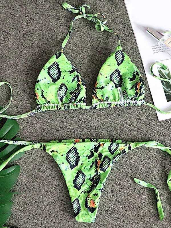 Snake-Print Triangles Bandage  Backless Split Bikini Swimsuit