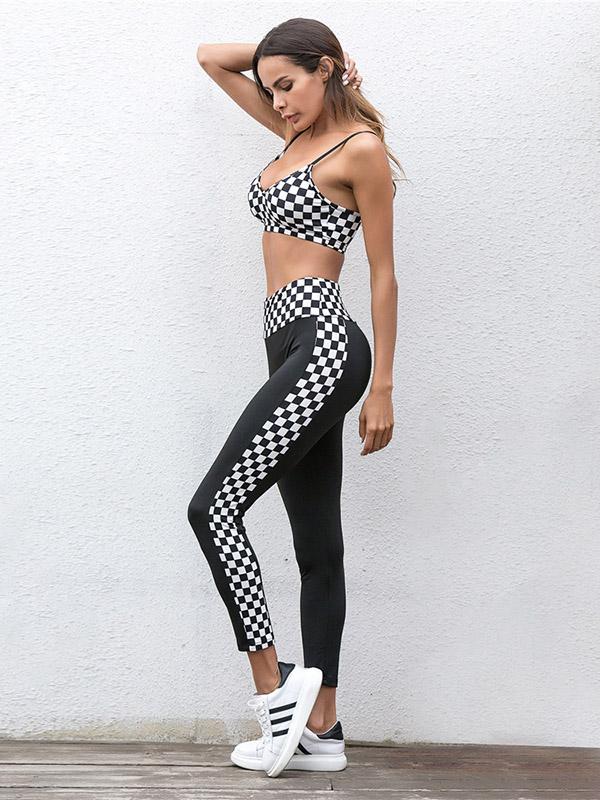 Plaid Gym Yoga Bra And Leggings Suits