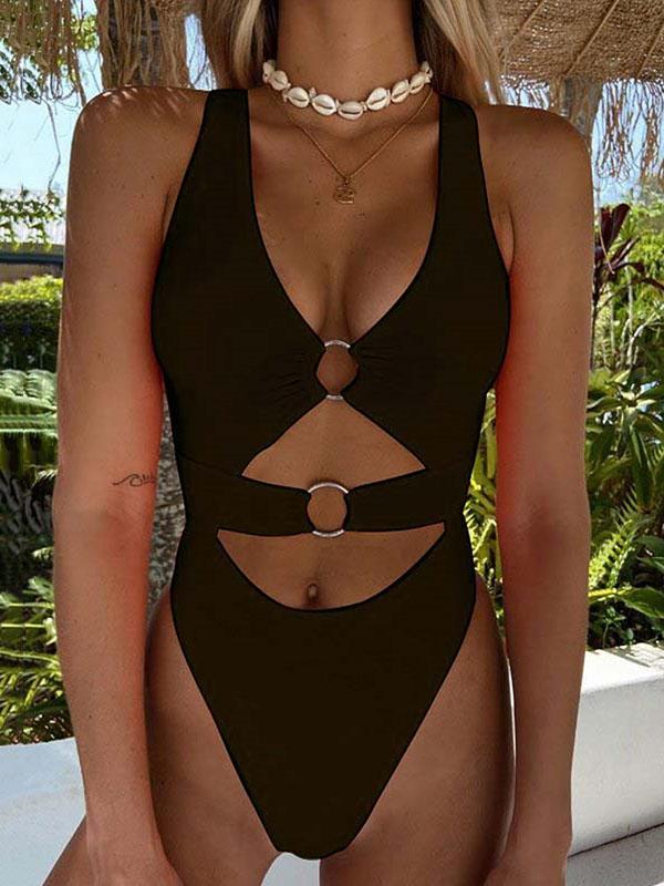 Solid Color Metal Ring One-Piece Swimwear