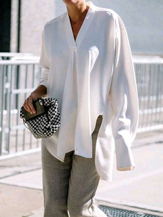 Urban Loose White Split-Side Long Sleeves V-Neck Shirts