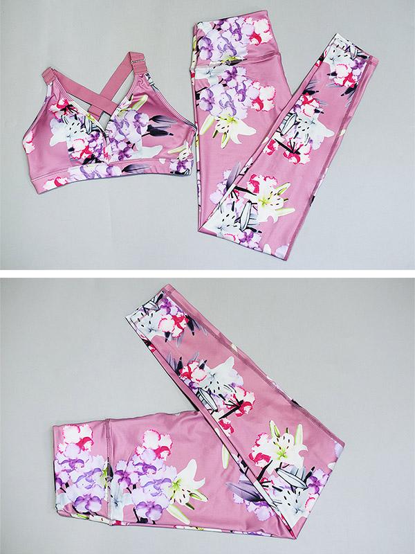 Flower Printed Sports Bra And High Waist Leggings Suits