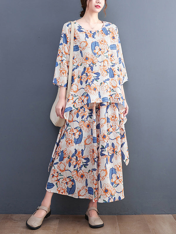 Loose Artistic Retro Floral Printed T-Shirt Top&Wide Legs Pants 2 Pieces Set