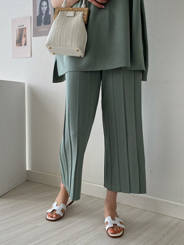 Casual Solid Color Split-Side Round-Neck Batwing Short Sleeves T-Shirt+Pleated Wide Leg Pants 2 Pieces Set