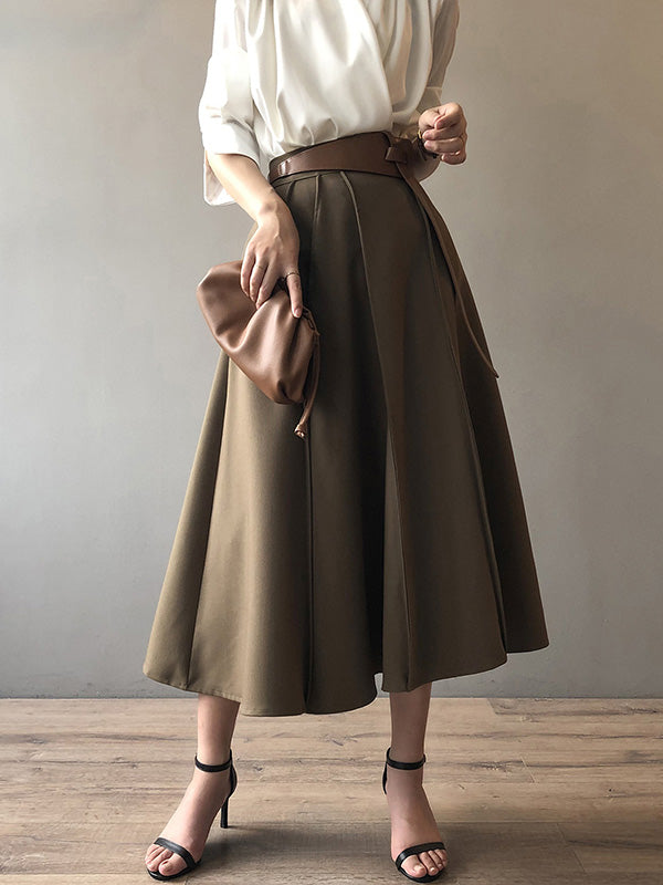 Simple Loose Solid Color Pleated A-Line High-Waist Long Skirt