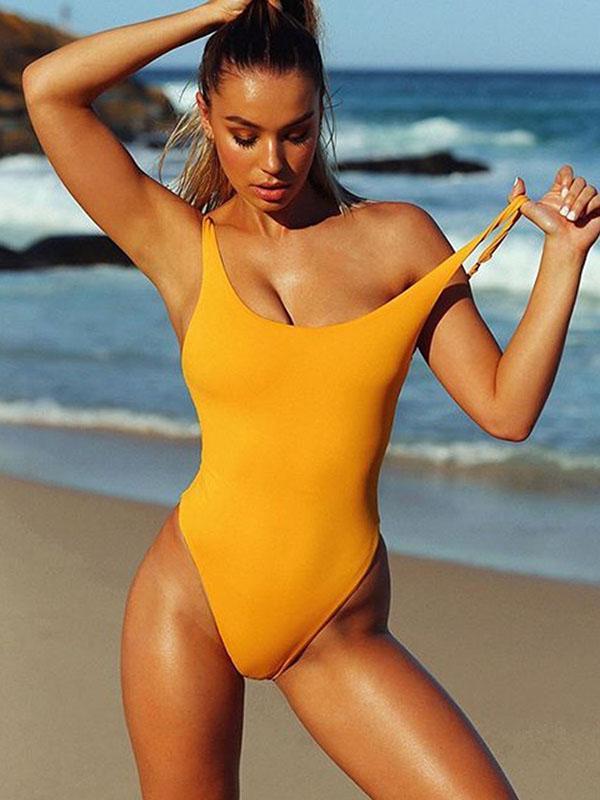 Sexy Spaghetti-Neck Solid Color One-Piece Swimwear