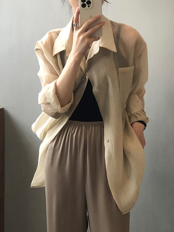 Simple Loose Long Sleeves Solid Color Thin Blouse