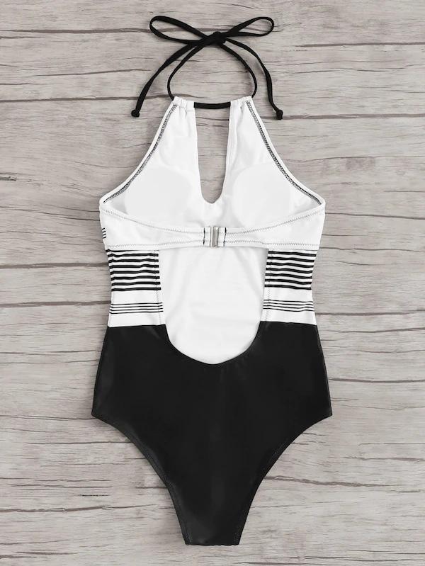 Halter-neck Striped One-piece Swimwear