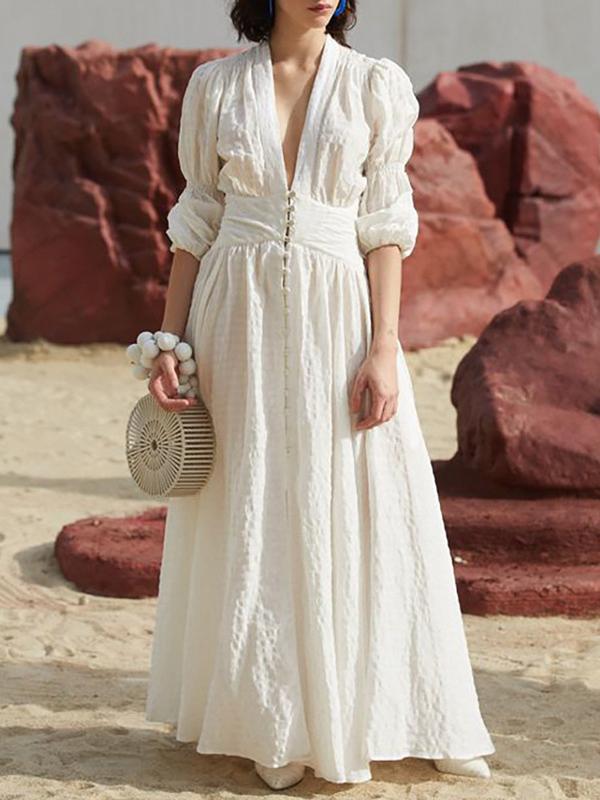 Solid Color Drape Short Bubble Sleeves Maxi Dress