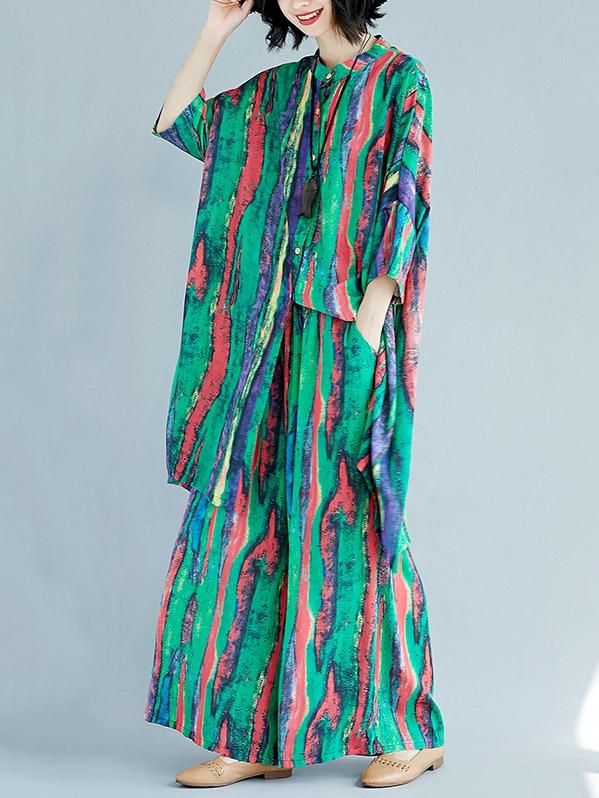 Chiffon Colorful Striped Print Stand Collar Long Blouse+Pants Suits