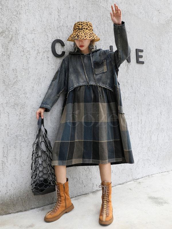 Vintage Plaid Split-joint Hoodie Midi Dress