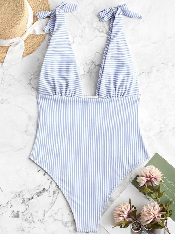 Sexy Deep V-Neck Triangles Stripes One-Piece Swimwear