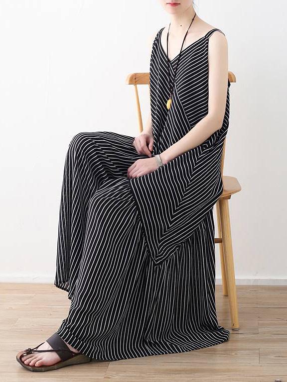 Loose Striped Split-joint Wide-leg Sleeveless V-neck Jumpsuits