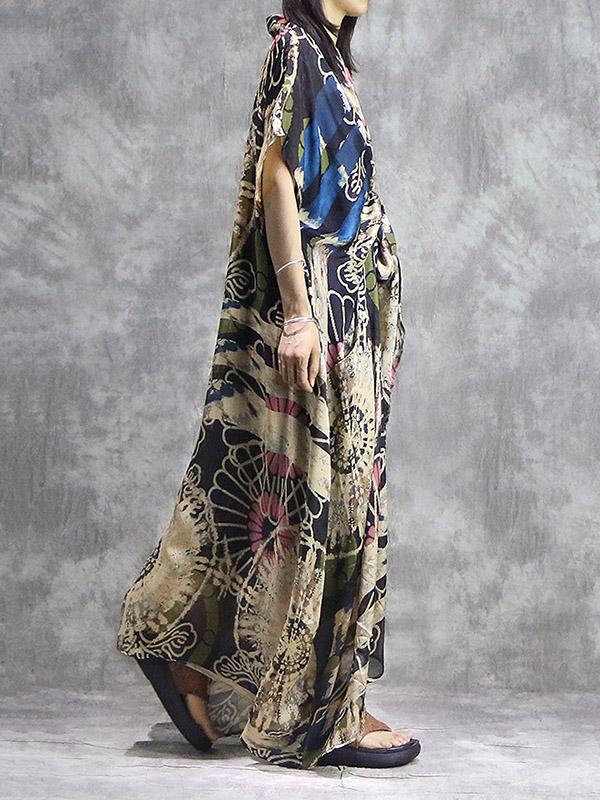 Vintage Silk V-neck Printed Dress+ Braces Vest