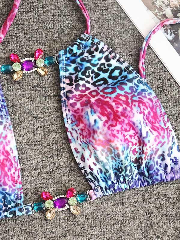 Leopard Print Gorgeous Embellished Bandage Split Bikini Swimsuit