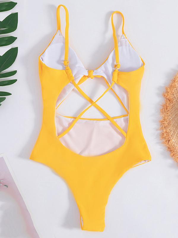 Solid Color Knotted Split One-Piece Swimsuit