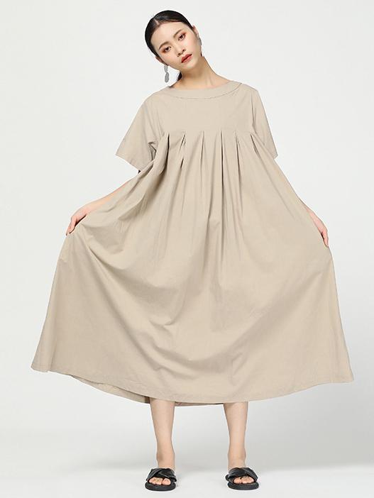 Ramie Loose Solid Round-neck Long Dress