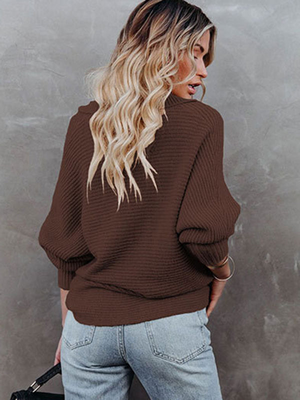 Long Sleeves Solid Color Lapel V-Neck Sweater Tops