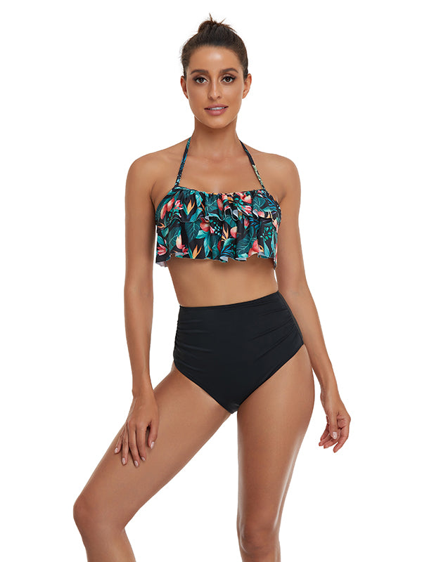 Floral Printed Falbala High-Waisted Bikini Swimwear