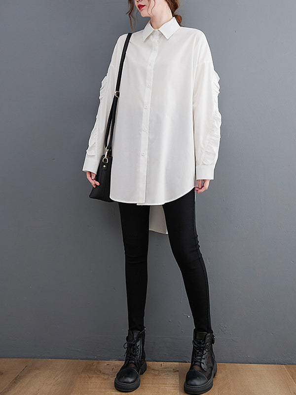 Stylish Loose Solid Color Split-Joint Falbala High-Low Lapel Collar Long Sleeves Blouse