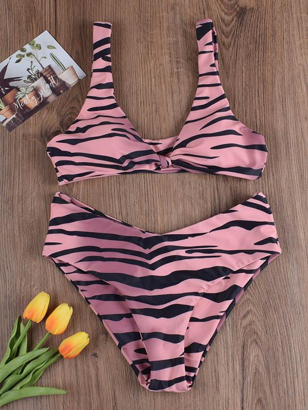 Sexy Low Collar Knotted Printing Split Type Bikini Swimsuit