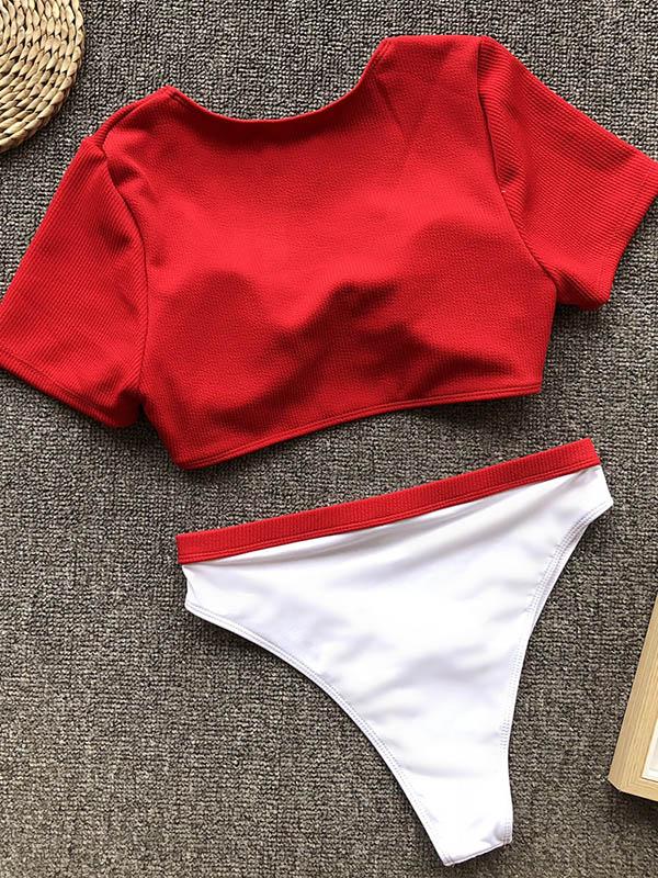 Knot Front Top Short Sleeves Bikinis Swimwear