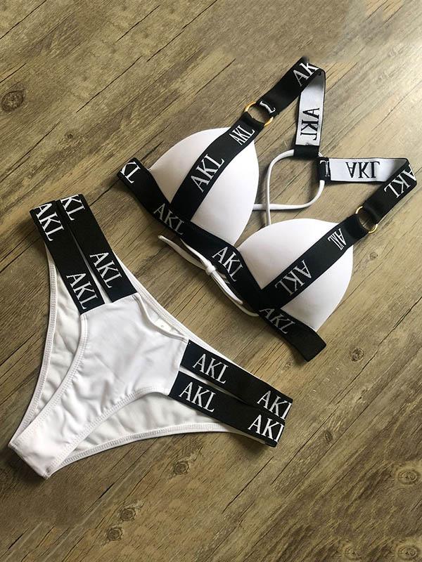 Letter Print Gathered Bikini Swimsuit