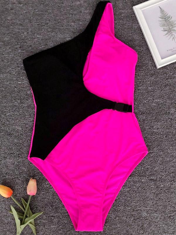 Contrast Color One-shoulder One-piece Swimsuit