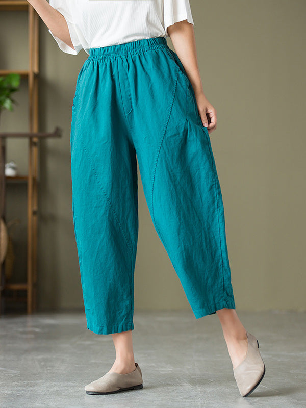 Simple Loose Linen Solid Color Split-Joint Pleated Drawstring Casual Pants