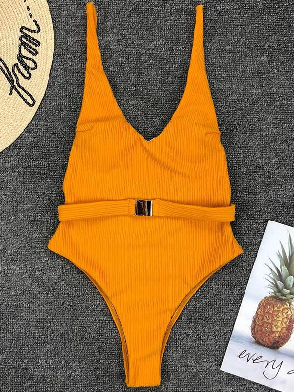 Solid Belted Sexy One-piece Swimwear