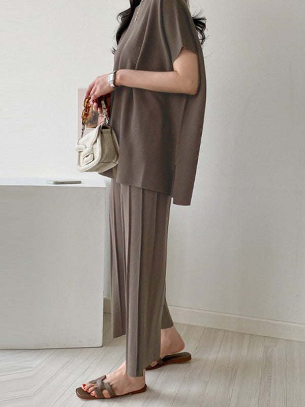 Casual Solid Color Split-Side Round-Neck Batwing Short Sleeves T-Shirt+Pleated Wide Leg Pants 2 Pieces Set