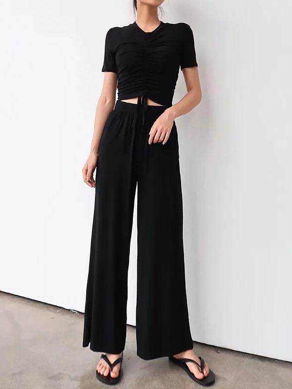 Drawstring Pleated Tees And Wide Leg Pants Suits