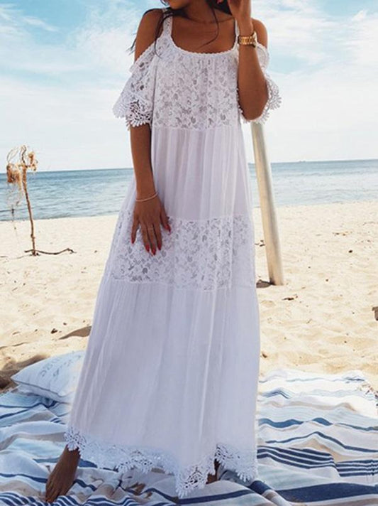 Spaghetti-neck Lace Hollow Solid Beach Swimwear Maxi Dresses