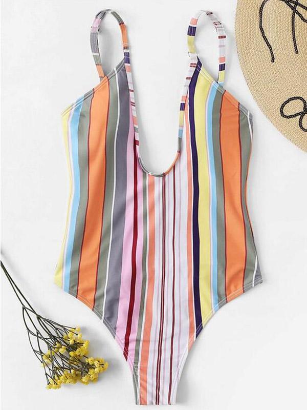 Striped & Leaves Printed One-piece Swimwear