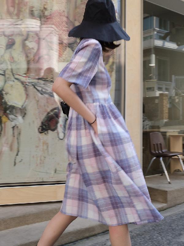 Vintage Plaid Puff Sleeves Dress