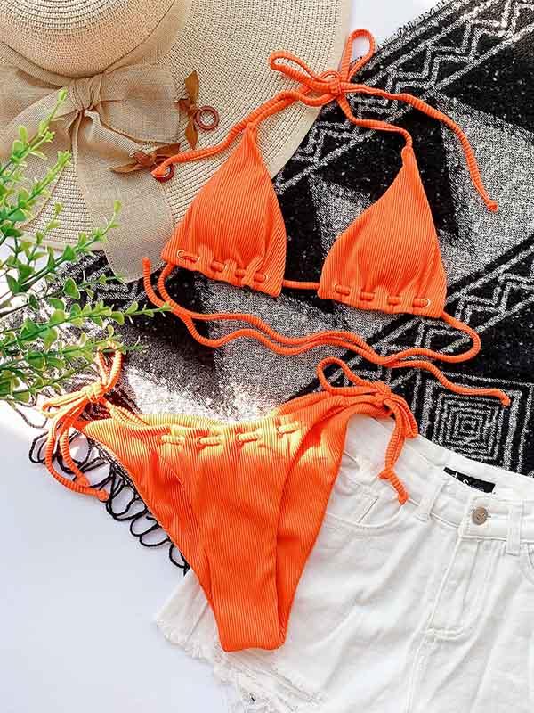 Sexy Triangles Hollow Bandage Split Bikini Swimsuit