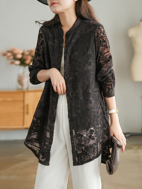 Artistic Retro Solid Color Lace Embroidered Buttoned Lapel Collar Blouse