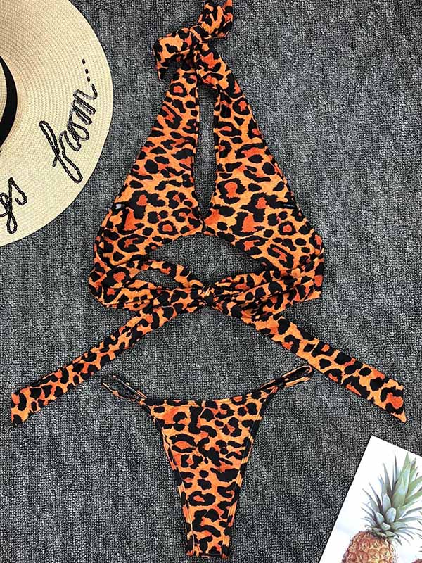 Sexy V-Neck Bandage Leopard Print Bikini Swimsuit