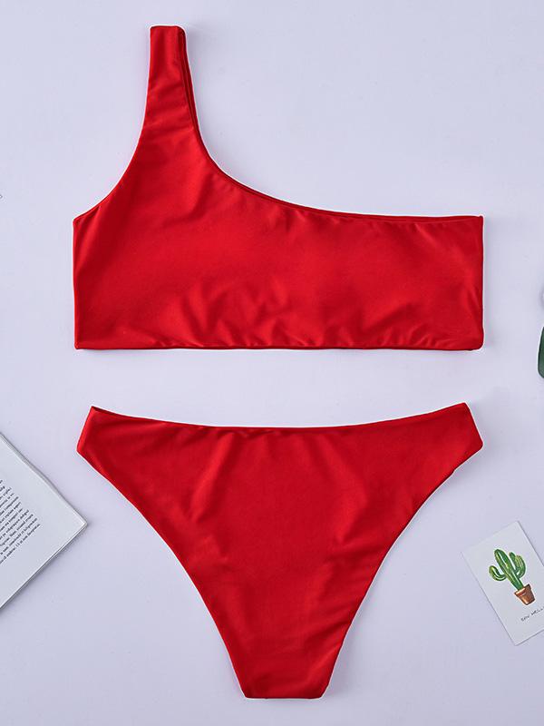 Sexy Single Shoulder Solid Color Split Bikini Swimsuit