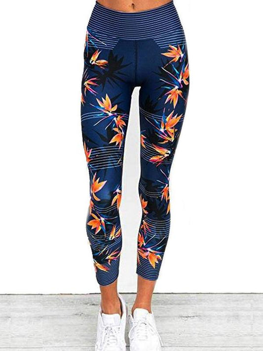 Printed Leaf Pattern Wrap Yoga Leggings