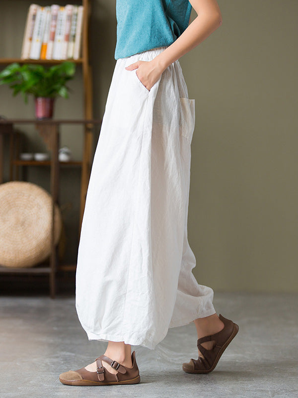 Simple Loose Linen Solid Color Pleated Drawstring Wide Legs Knickerbockers