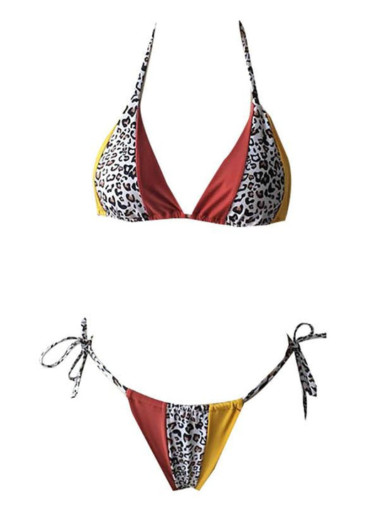 Leopard-Print Split-Joint Triangle Split Bikini Swimsuit